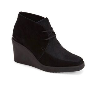 Donald J Pliner Dakota Black Leather and Calf Hair Lace Up Wedge Bootie 8 NWOT